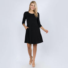 Load image into Gallery viewer, Black 3/4 Sleeve Swing Dress Featuring Side Pockets.