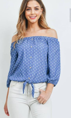 Blue and White Off the Shoulder BoHo Top