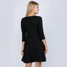 Load image into Gallery viewer, Black 3/4 Sleeve Swing Dress Featuring Side Pockets.