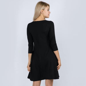 Black 3/4 Sleeve Swing Dress Featuring Side Pockets.