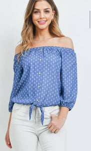 Blue and White Off the Shoulder BoHo Top