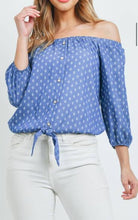 Load image into Gallery viewer, Blue and White Off the Shoulder BoHo Top