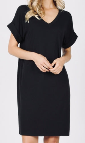 Black Rolled Sleeve V-Neck Dress